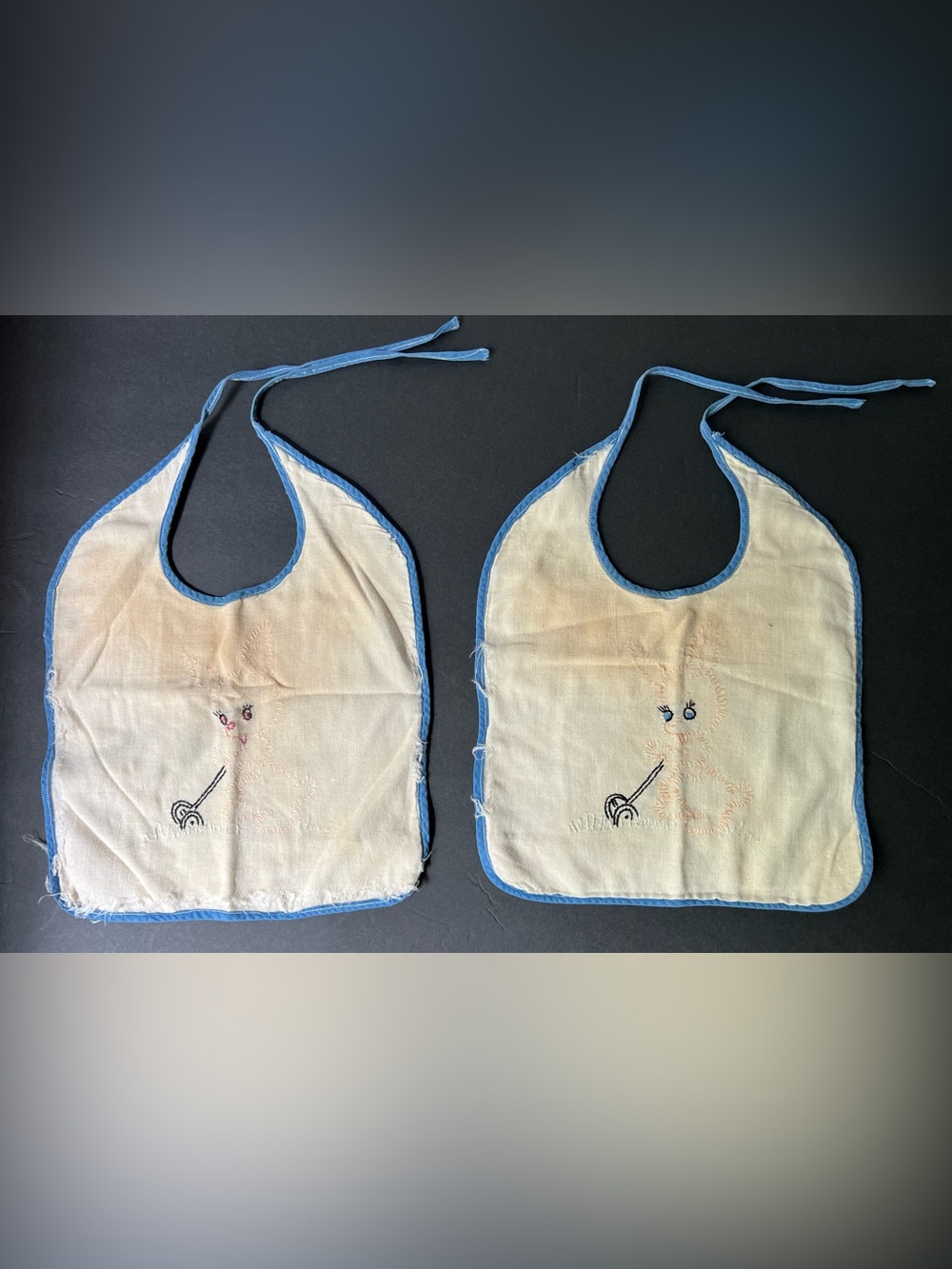 Vintage Cream Cotton Bibs with Blue Trim - Pair